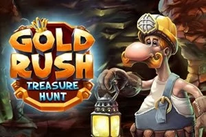 En animert gullgraver i en gruve med hjelm og lanterne ved siden av teksten Gold Rush Treasure Hunt