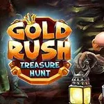 En animert gullgraver i en gruve med hjelm og lanterne ved siden av teksten Gold Rush Treasure Hunt