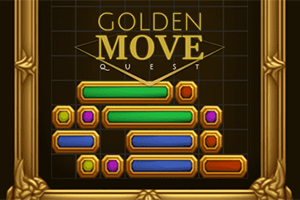 Fargerike rektangler med gyldne rammer er stablet under teksten Golden Move Quest i en dekorativ ramme