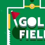 Grønn plakat med teksten Golf Field i store hvite bokstaver og et bilde av et rødt golf-flagg