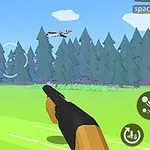 En animerte scene i en skog med en hånd som holder et våpen, fugler i luften, og spillkontroller på skjermen