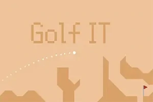 Tekst Golf IT over et minimalistisk golflandskap med en ball i bevegelse og et flagg til høyre