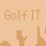 Tekst Golf IT over et minimalistisk golflandskap med en ball i bevegelse og et flagg til høyre