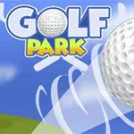 Stor golfball i bevegelse mot en bakgrunn med teksten GOLF PARK på en blå himmel med grønne åser