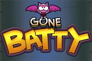 Tegneserieaktig lilla flaggermus med teksten Gone Batty i store bokstaver
