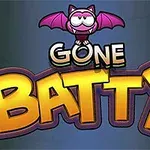 Tegneserieaktig lilla flaggermus med teksten Gone Batty i store bokstaver