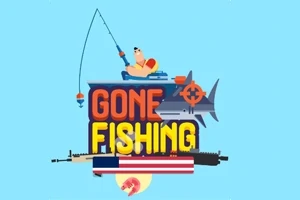 En illustrasjon av en person som fisker, med teksten Gone Fishing, en hai, fiskestang, våpen og amerikansk flagg i fargerik stil