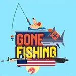 En illustrasjon av en person som fisker, med teksten Gone Fishing, en hai, fiskestang, våpen og amerikansk flagg i fargerik stil