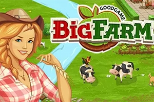 Big Farm En illustrasjon av en kvinne i cowboyhatt på en gård med kyr, foran en elv og grønt beite, med teksten Big Farm