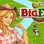 Big Farm En illustrasjon av en kvinne i cowboyhatt på en gård med kyr, foran en elv og grønt beite, med teksten Big Farm
