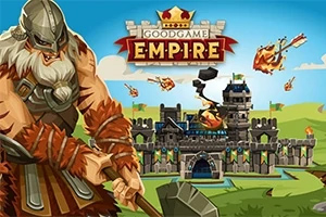 Goodgame Empire En tegnet kriger med hjelm og øks i forgrunnen, foran et middelalderslott under angrep med brennende steiner