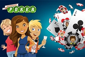 Tre animerte figurer smiler foran en bakgrunn med flygende spillekort og pokerchips