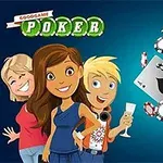 Tre animerte figurer smiler foran en bakgrunn med flygende spillekort og pokerchips