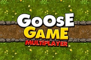 Teksten Goose Game Multiplayer skrevet i store, fargerike bokstaver over en bakgrunn av en sti omringet av grønt gress med små gule blomster