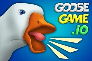 En hvit gås med åpen oransje nebb og teksten GOOSE GAME 