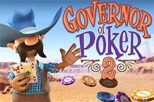 En tegneseriefigur i cowboy-antrekk holder spillekort og pokerchips med en ørken i bakgrunnen