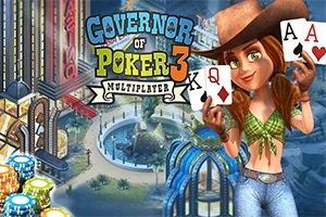 Kvinne i cowboystil med kort i hånden står foran en fargerik byscene med høye bygninger og sjetonger, mens teksten Governor of Poker 3 Multiplayer vises
