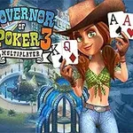 Kvinne i cowboystil med kort i hånden står foran en fargerik byscene med høye bygninger og sjetonger, mens teksten Governor of Poker 3 Multiplayer vises