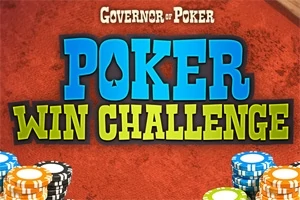 Fargerike pokerchips og teksten Poker Win Challenge på en rød bakgrunn
