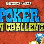 Fargerike pokerchips og teksten Poker Win Challenge på en rød bakgrunn