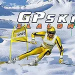 En skiløper i gul drakt kjører nedover en snødekt bakke mellom to flagg med teksten GP Ski Slalom i bakgrunnen