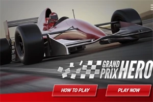 En rød og svart Formel 1-inspirert racerbil sett fra siden med teksten Grand Prix Hero og knapper merket How to Play og Play Now