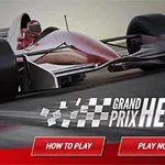 En rød og svart Formel 1-inspirert racerbil sett fra siden med teksten Grand Prix Hero og knapper merket How to Play og Play Now