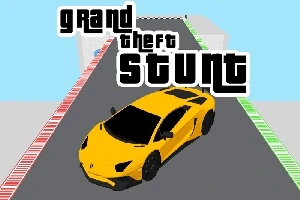 Gul sportsbil på en grå vei med fargerike kantlinjer og teksten grand theft stunt i bakgrunnen