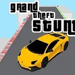 Gul sportsbil på en grå vei med fargerike kantlinjer og teksten grand theft stunt i bakgrunnen