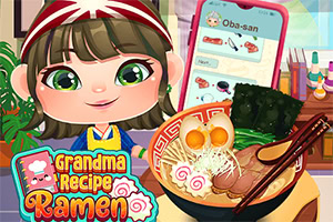 Tegneseriefigur med kokkelue står ved siden av en skål med ramen, med en mobiltelefon som viser en oppskrift i bakgrunnen