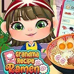 Tegneseriefigur med kokkelue står ved siden av en skål med ramen, med en mobiltelefon som viser en oppskrift i bakgrunnen