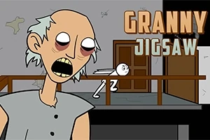 Tegnet bilde av en skummel, eldre dame med store øyne, en tynn kropp og rufsete hår, med teksten Granny Jigsaw i bakgrunnen
