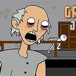 Tegnet bilde av en skummel, eldre dame med store øyne, en tynn kropp og rufsete hår, med teksten Granny Jigsaw i bakgrunnen