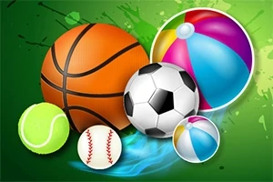 Flere typer baller, inkludert basketball, fotball, tennisball, baseball og strandball, på en fargerik bakgrunn