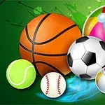 Flere typer baller, inkludert basketball, fotball, tennisball, baseball og strandball, på en fargerik bakgrunn