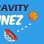 Teksten GRAVITY LINEZ vises med en basketball som beveger seg mot en kurv, på en blå bakgrunn