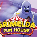 En lilla figur med et lykkelig ansikt løper mot kameraet, omgitt av milkshakes, med teksten Grimelda Fun House i forgrunnen