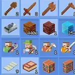 Et pixelert inventarskjermbilde med rutenett som viser diverse verktøy, blokker, og figurer