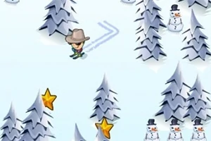 En figur med hatt på ski ned en snødekt bakke omgitt av trær, snømenn og gule stjerner