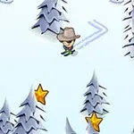 En figur med hatt på ski ned en snødekt bakke omgitt av trær, snømenn og gule stjerner