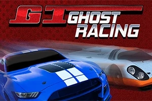To racerbiler, en blå og en hvit-oransje, sett mot en rød bakgrunn med teksten GT Ghost Racing øverst