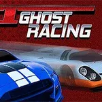 To racerbiler, en blå og en hvit-oransje, sett mot en rød bakgrunn med teksten GT Ghost Racing øverst