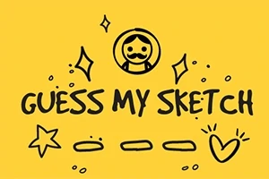 Gul bakgrunn med svart strek-tegning av en person med bart, stjerner, hjerte og teksten GUESS MY SKETCH