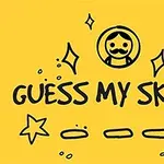 Gul bakgrunn med svart strek-tegning av en person med bart, stjerner, hjerte og teksten GUESS MY SKETCH