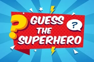 Rødt og blått grafisk design med teksten Guess the Superhero og spørsmålstegn, omgitt av lyn og stjerner