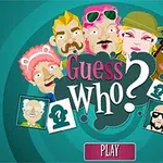 Tegneseriefigurer med forskjellige frisyrer og tilbehør rundt teksten Guess Who?