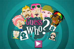 Tegneseriestil av ulike ansikter rundt teksten Guess Who?