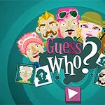 Tegneseriestil av ulike ansikter rundt teksten Guess Who?