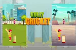 Illustrasjon av to scener med et barn som spiller cricket i forskjellige omgivelser, med høye bygninger i bakgrunnen og teksten Gully Cricket i sentrum