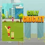 Illustrasjon av to scener med et barn som spiller cricket i forskjellige omgivelser, med høye bygninger i bakgrunnen og teksten Gully Cricket i sentrum